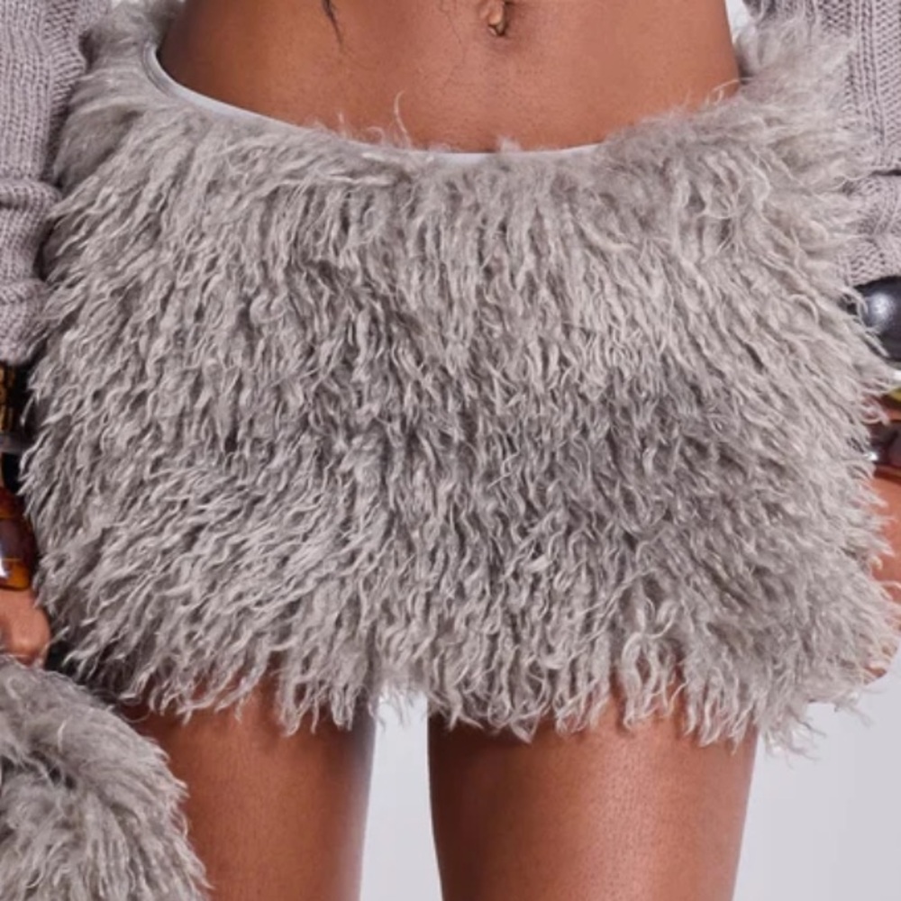 Faux Fur Mini Skirt Grey